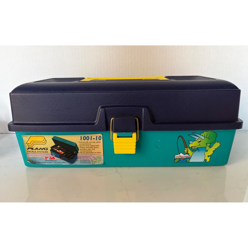 Kids Fishing Tackle Box Teal Navy Blue Dinosaur Triceratops USA Vintage